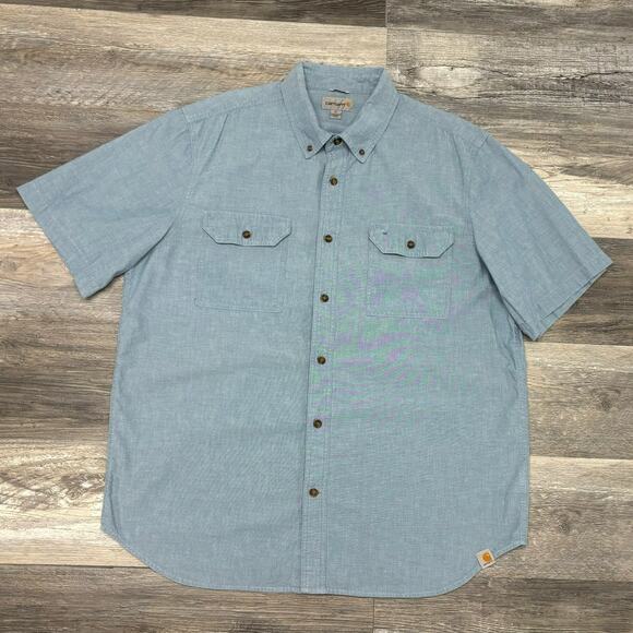 Carhartt Chambray Blue Men XL Loose Fit Midweight Short Sleeve Button Down Shirt - Picture 1 of 10